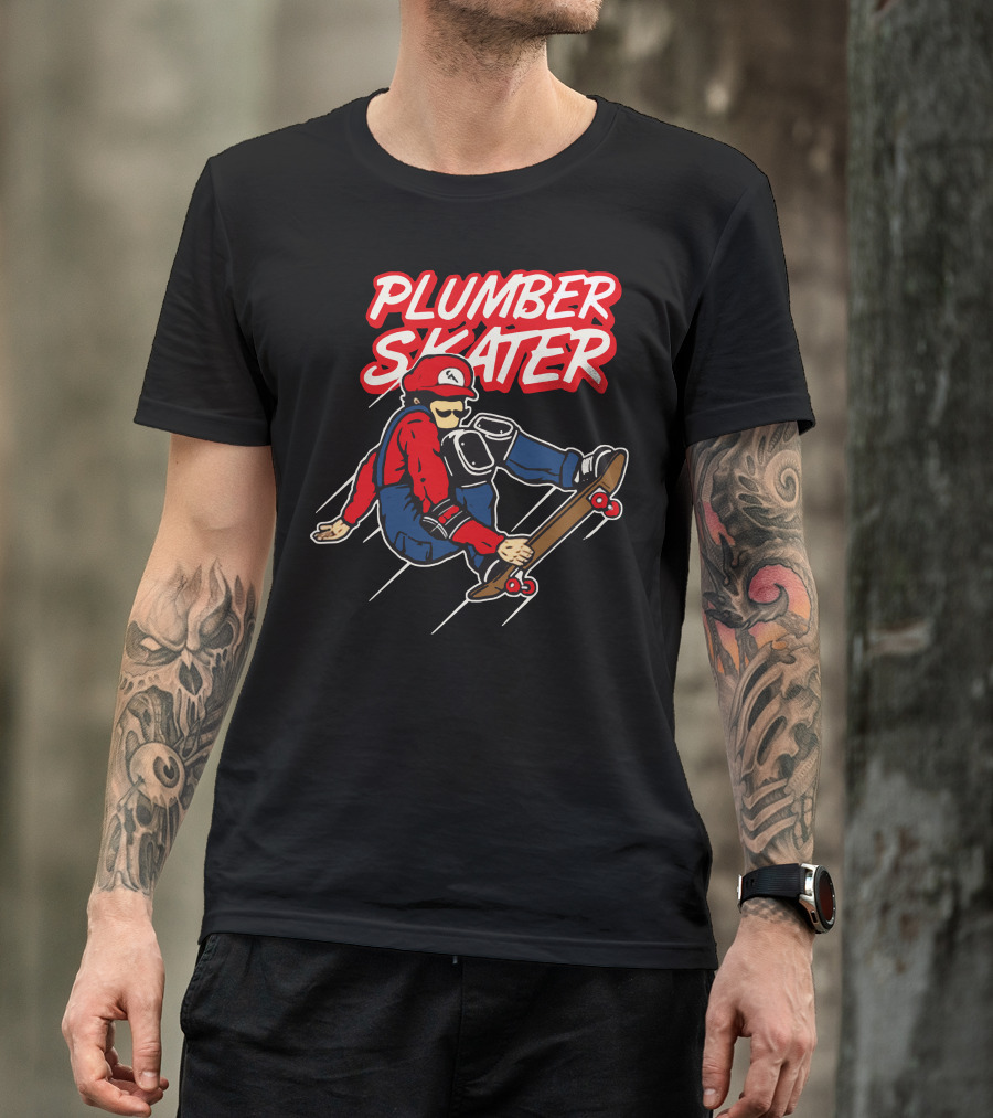 Plumber Skater Action With Iconic Red-Capped Character On Skateboard T-Shirt