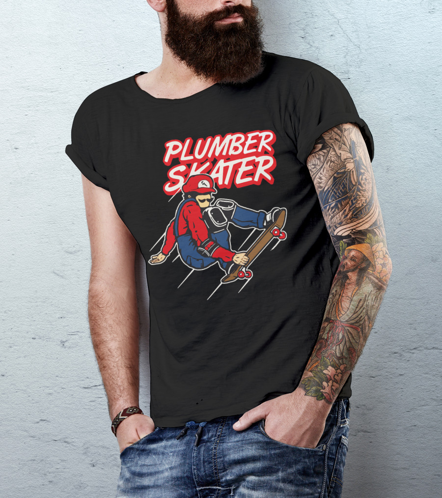Plumber Skater Action With Iconic Red-Capped Character On Skateboard T-Shirt