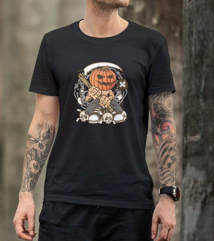 Pumpkin Reaper Skull Bat Crossbones Scythe Halloween T-Shirt