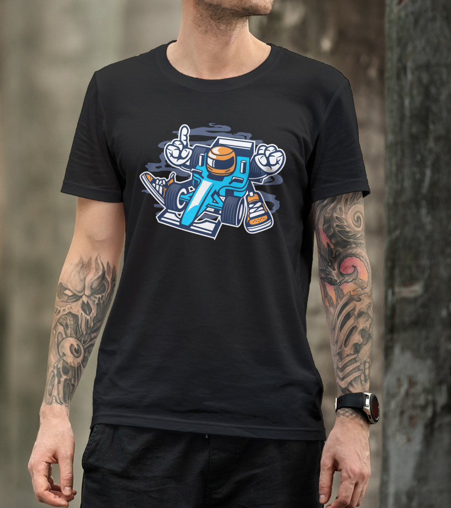 Racer Cartoon Formula Car With Sneakers And Number One Gesture T-Shirt