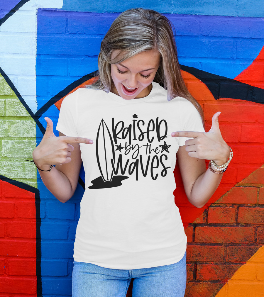 Raised By The Waves Surfboard Starfish Ocean Vibes T-Shirt