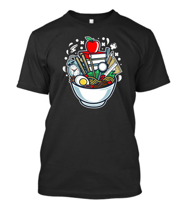Ramen School Bowl With Books Apple Clock Pencil Ruler T-Shirt