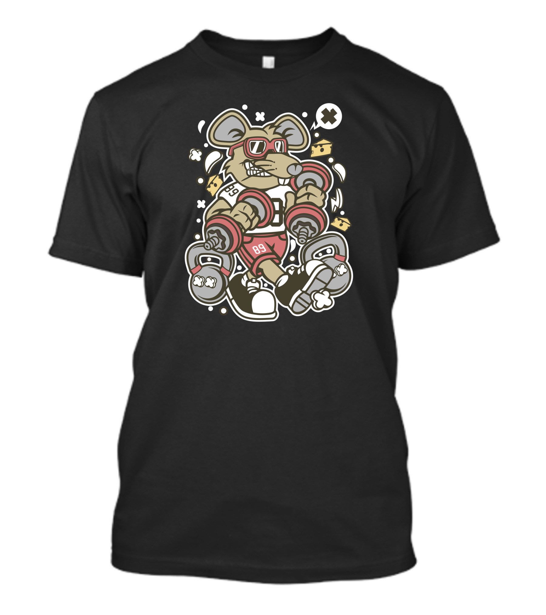 Strong Rat Lifting Weights Surrounded By Cheese And Dumbbells T-Shirt