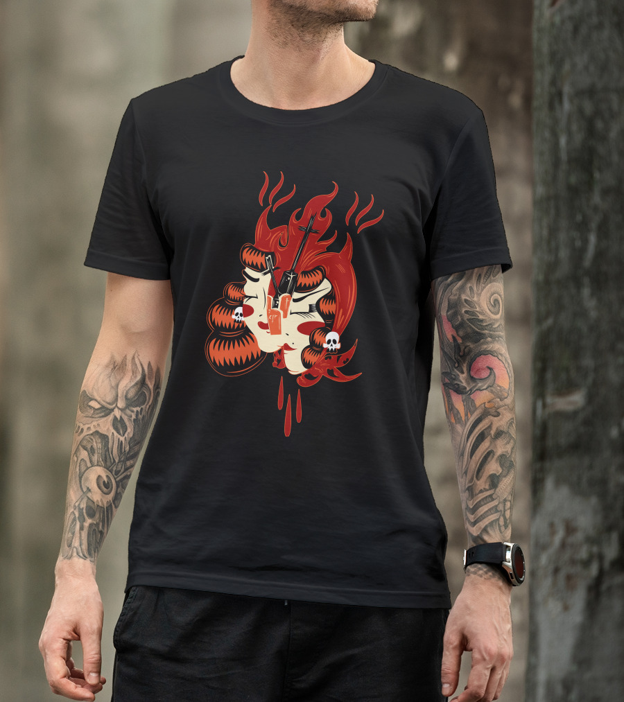 Flaming Red Hair And Skulls With Cross And Lightning Transfixed In Fiery Mask T-Shirt