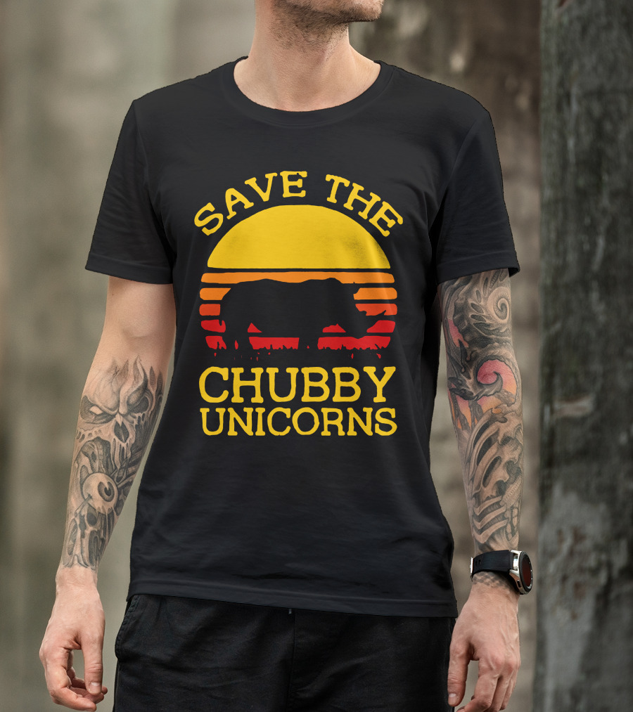 Save The Chubby Unicorns Retro Sunset Rhino T-Shirt