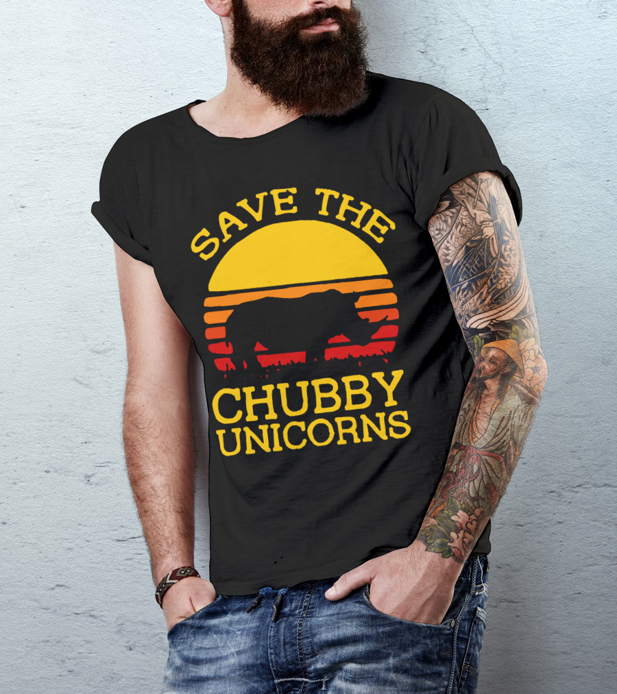 Save The Chubby Unicorns Retro Sunset Rhino T-Shirt
