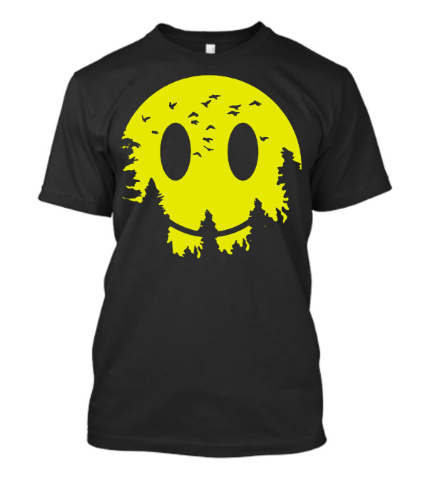 Smiley Moon Silhouette With Trees And Birds T-Shirt