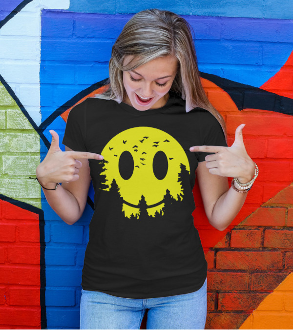 Smiley Moon Silhouette With Trees And Birds T-Shirt