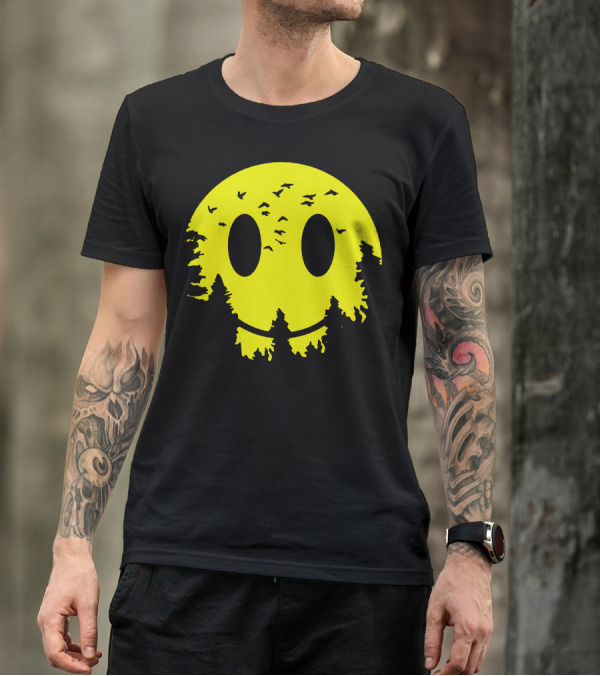 Smiley Moon Silhouette With Trees And Birds T-Shirt