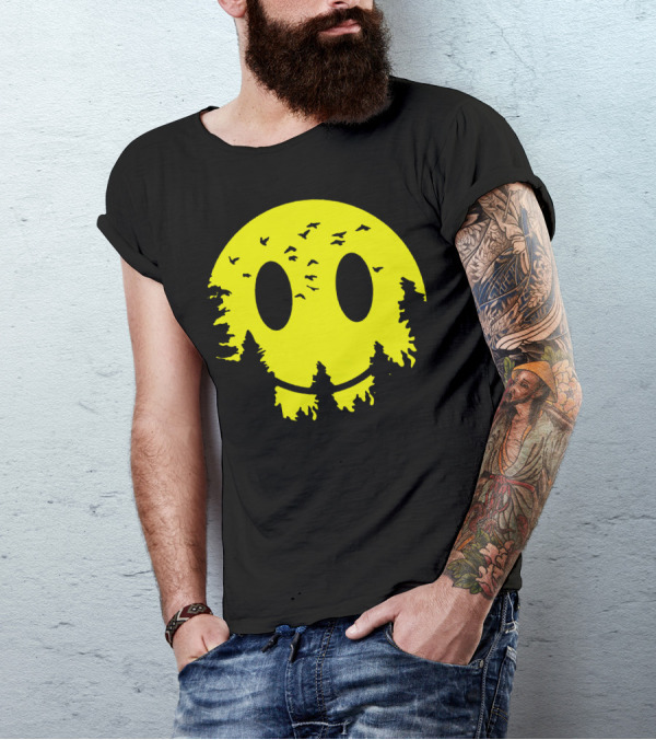 Smiley Moon Silhouette With Trees And Birds T-Shirt