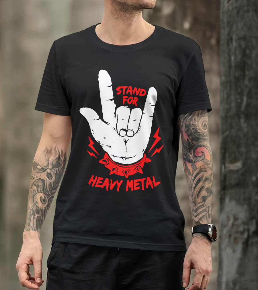 Stand For Heavy Metal Hand Gesture With Red Spiked Wristband And Lightning Bolts T-Shirt