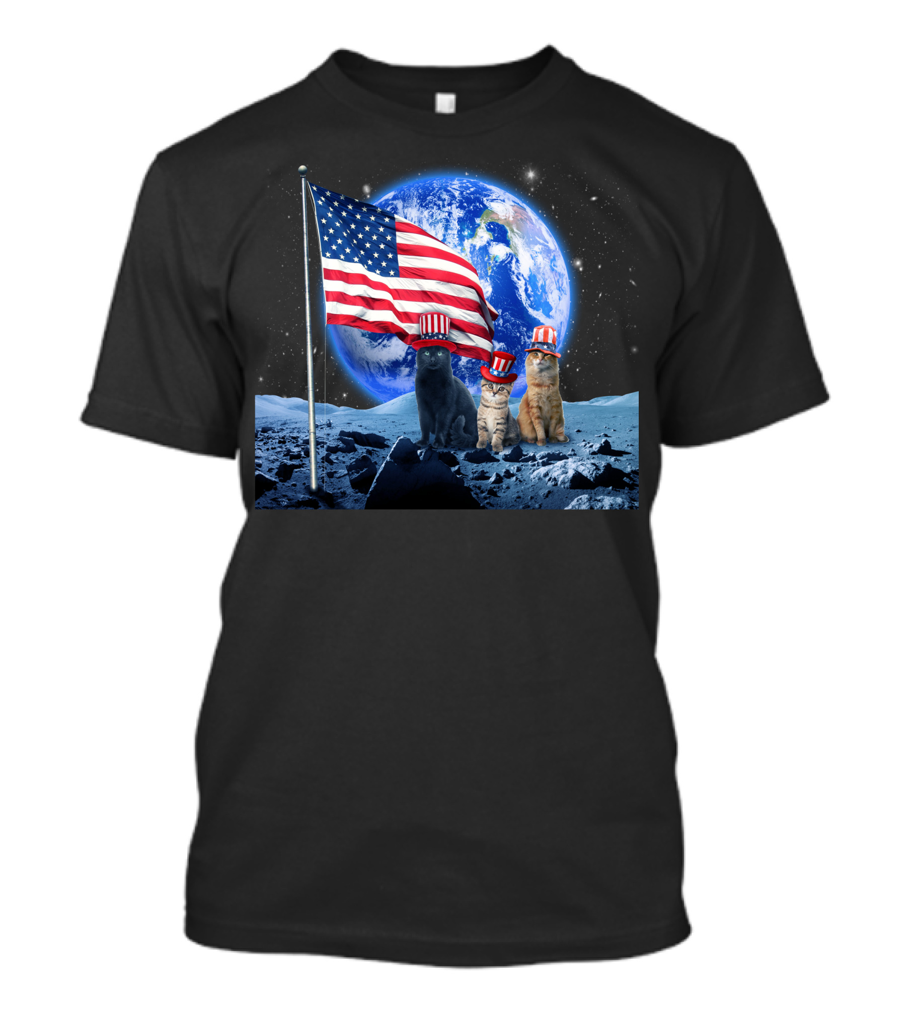 Three Patriotic Cats In Uncle Sam Hats On Moon With USA Flag And Earth Background T-Shirt