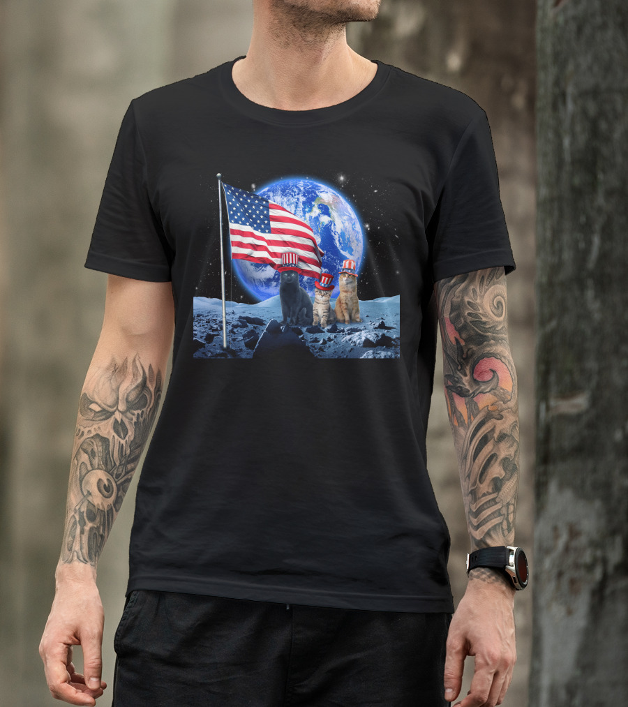 Three Patriotic Cats In Uncle Sam Hats On Moon With USA Flag And Earth Background T-Shirt