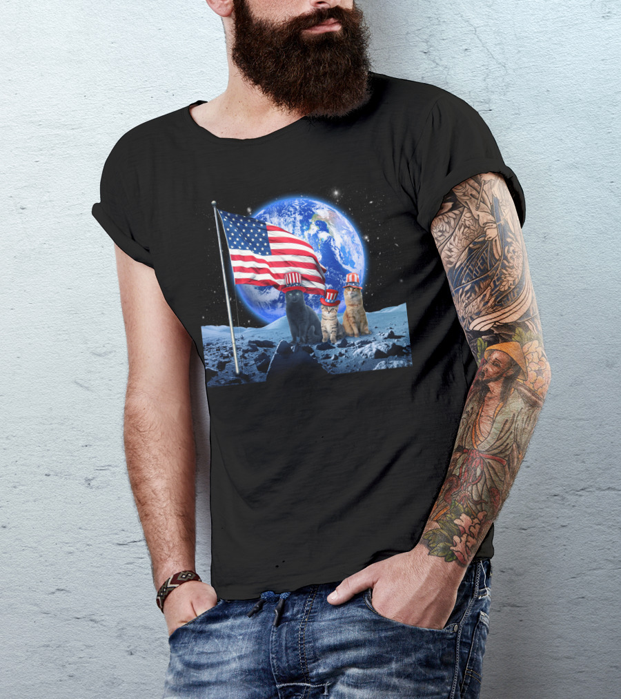 Three Patriotic Cats In Uncle Sam Hats On Moon With USA Flag And Earth Background T-Shirt