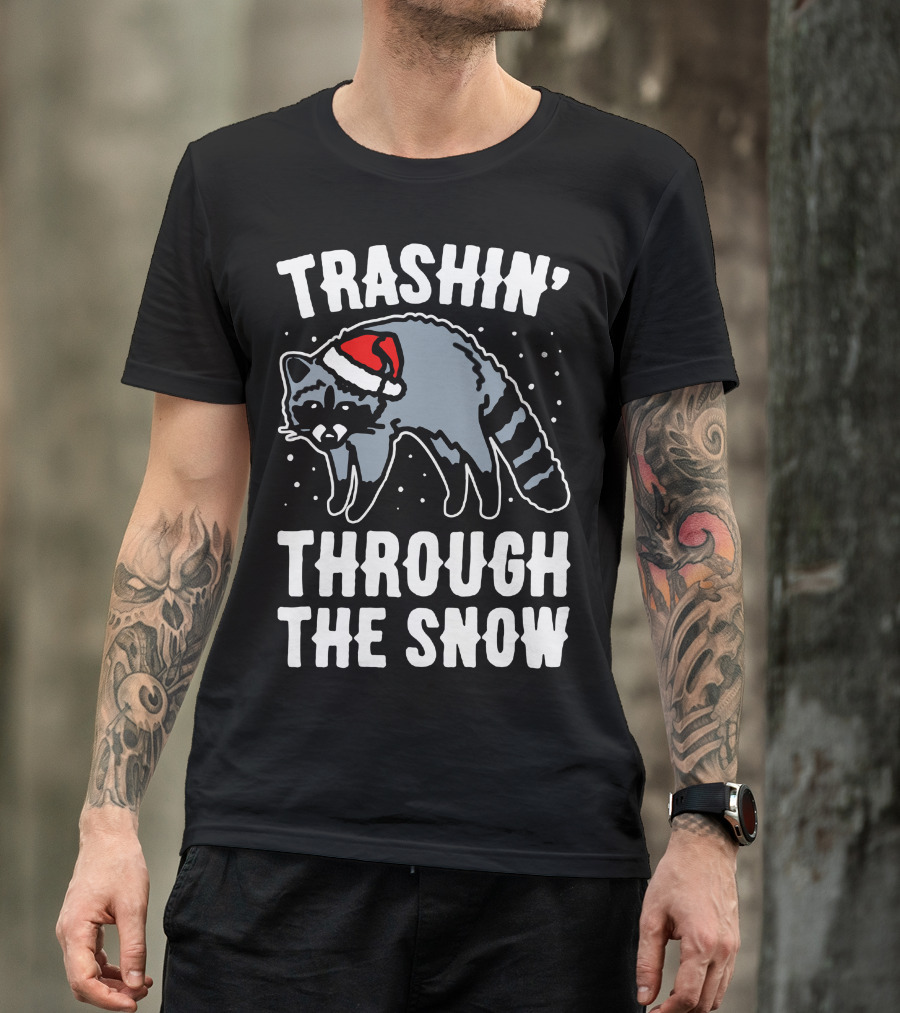 TRASHIN' Through The Snow Raccoon Christmas Santa Hat T-Shirt