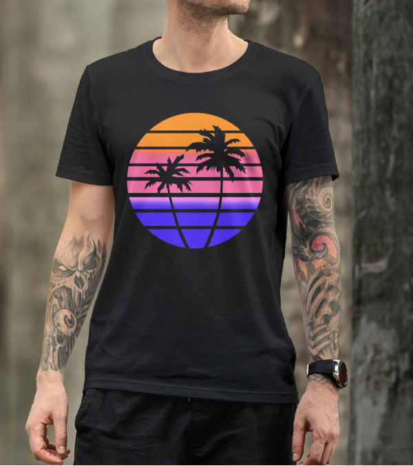 Tropicalia Sunset Palm Trees Retro Gradient Circle T-Shirt