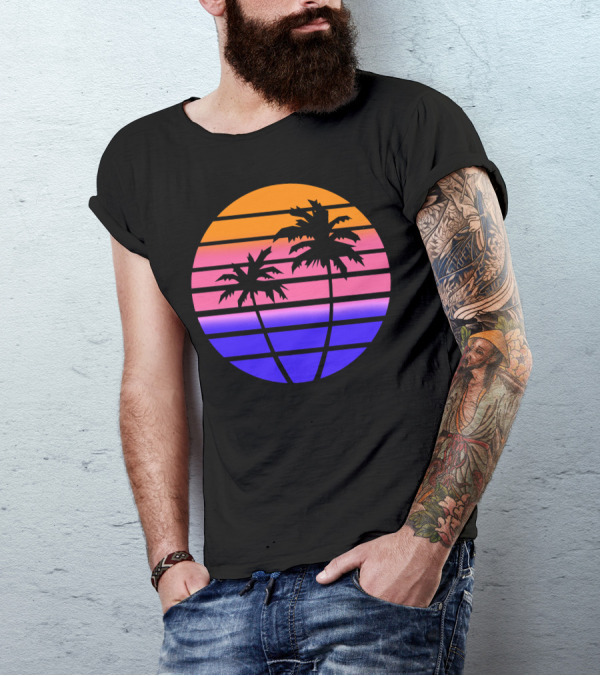 Tropicalia Sunset Palm Trees Retro Gradient Circle T-Shirt