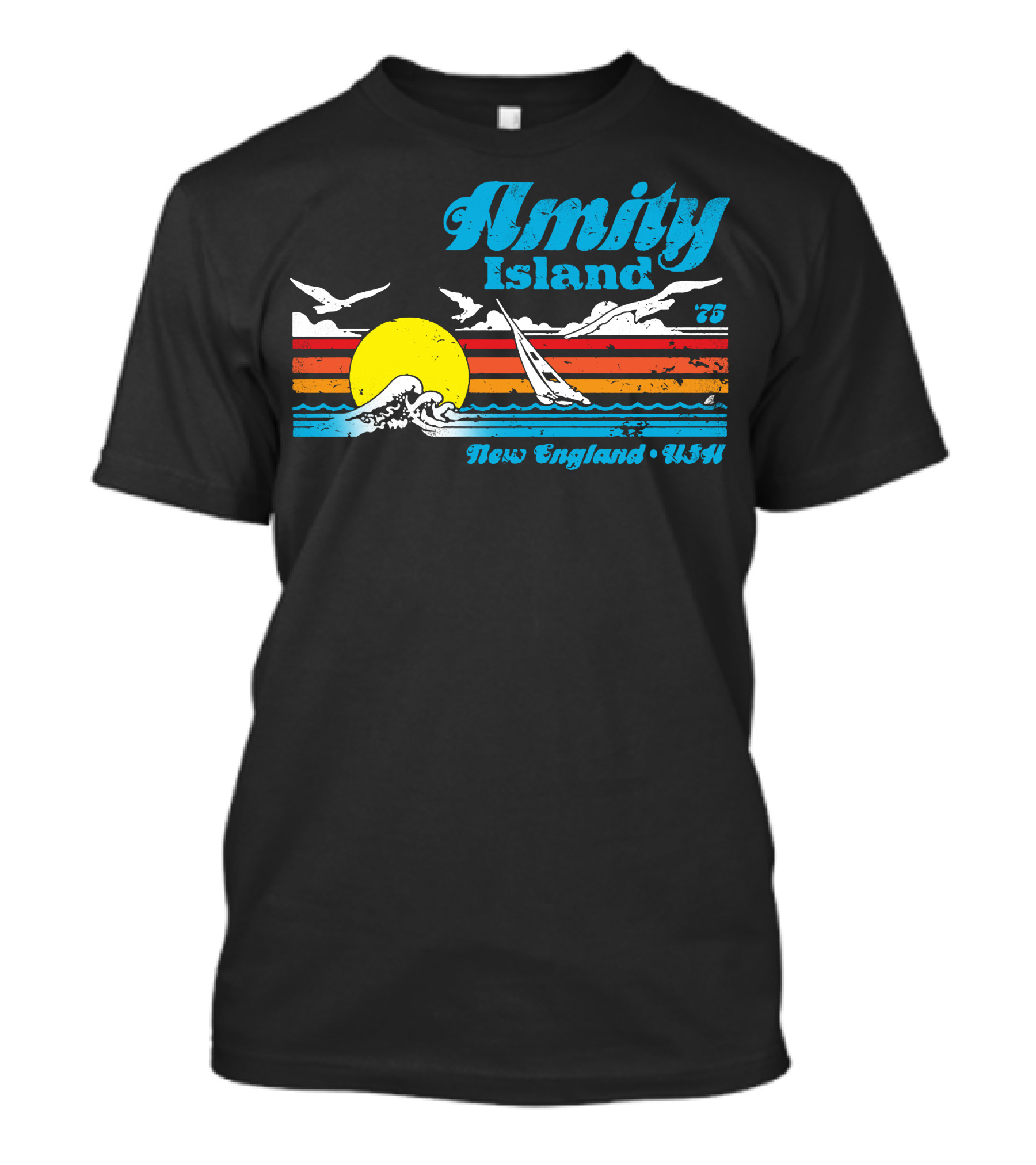 Amity Island '75 New England USA Vintage Sunset Seagulls Sailboat Ocean Waves T-Shirt