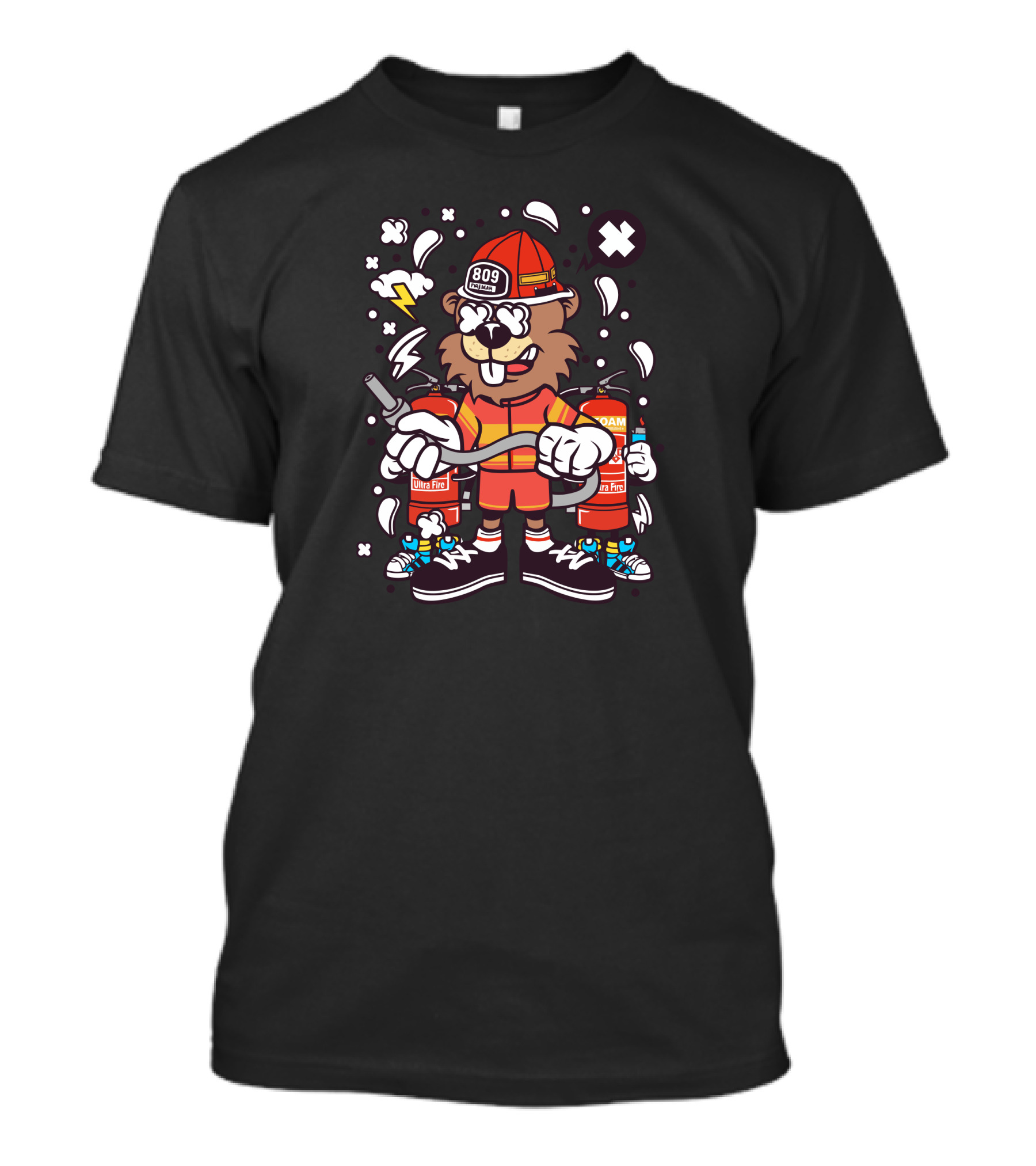 Beaver Firefighter 809 Action Hero With Foam Extinguishers And Hose T-Shirt