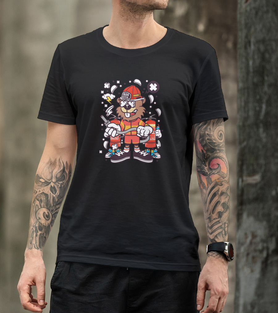 Beaver Firefighter 809 Action Hero With Foam Extinguishers And Hose T-Shirt