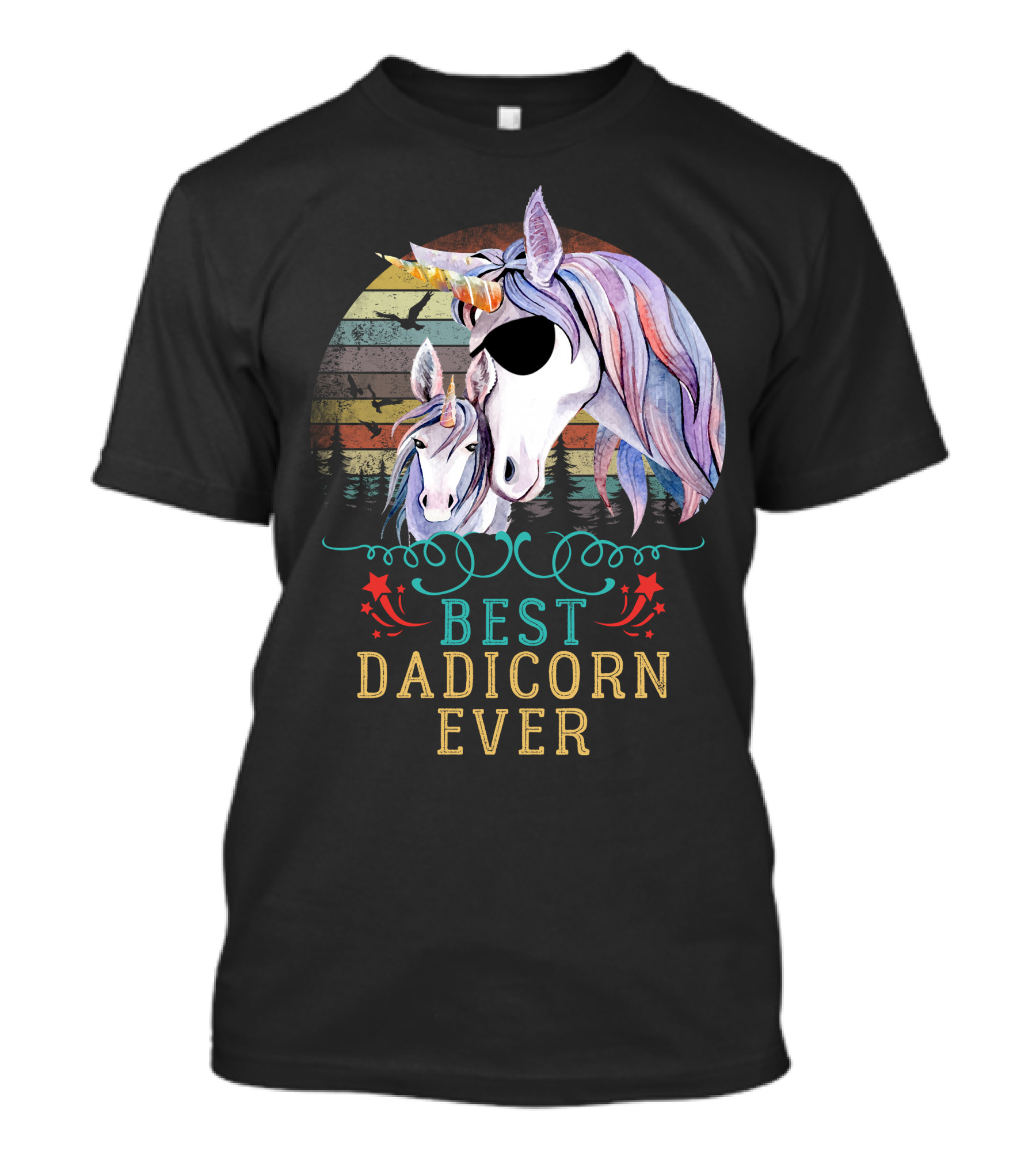 BEST DADICORN EVER Magical Unicorn Father And Child With Colorful Retro Background T-Shirt