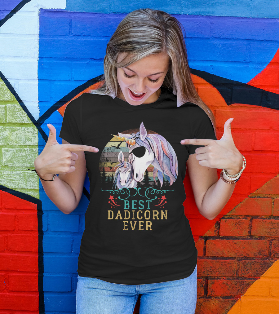 BEST DADICORN EVER Magical Unicorn Father And Child With Colorful Retro Background T-Shirt