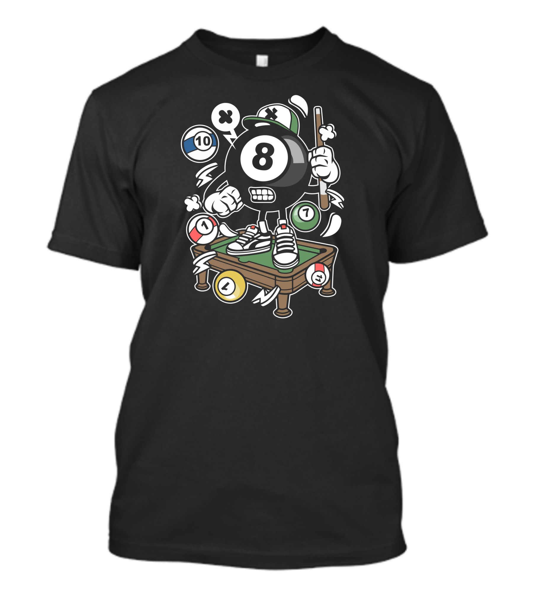 Billiard Eight Ball Character With Cue And Numbered Balls T-Shirt