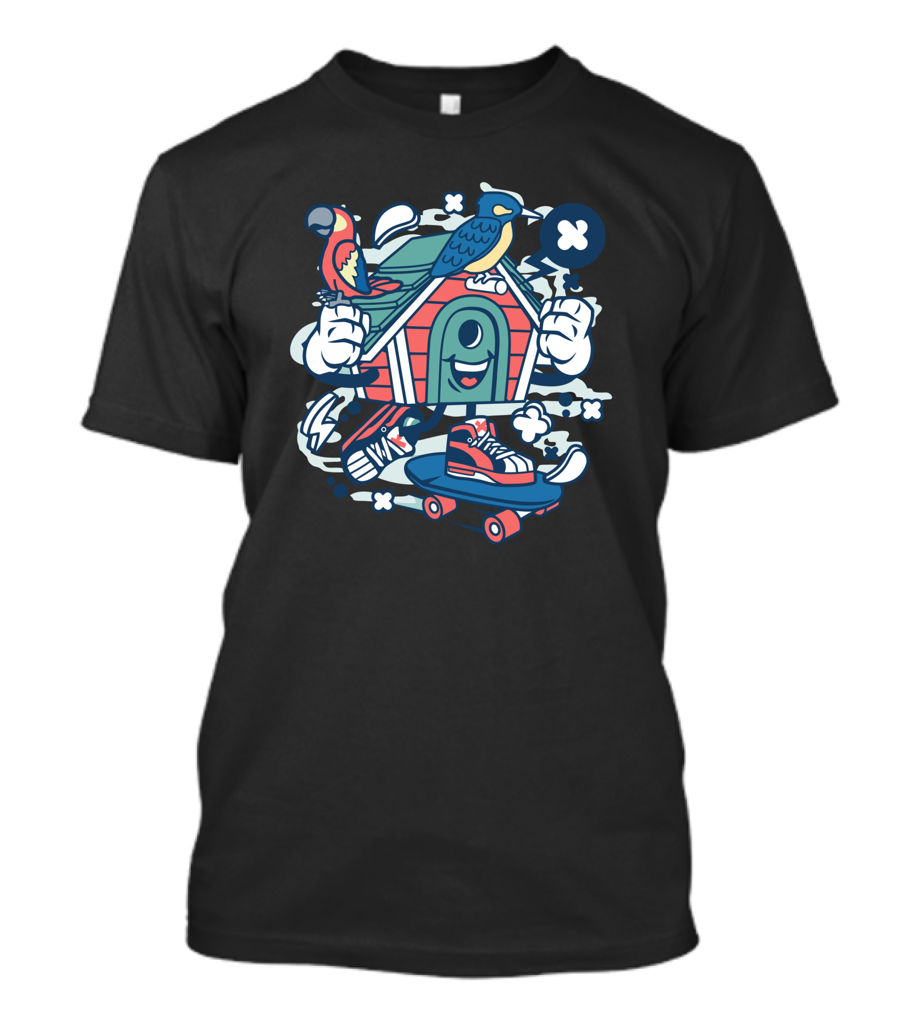 Bird House Skating Adventure Sneakers Parrots Playful Fun T-Shirt