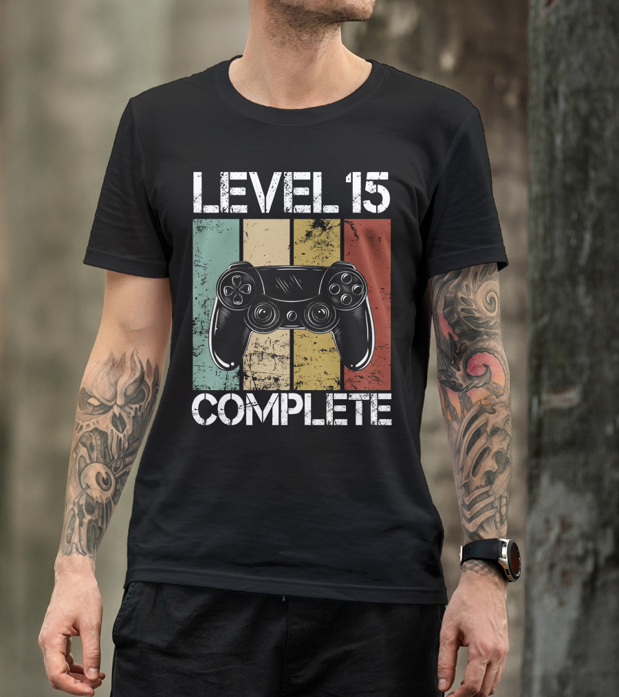 Level 15 Complete Video Game Controller Retro Stripes T-Shirt