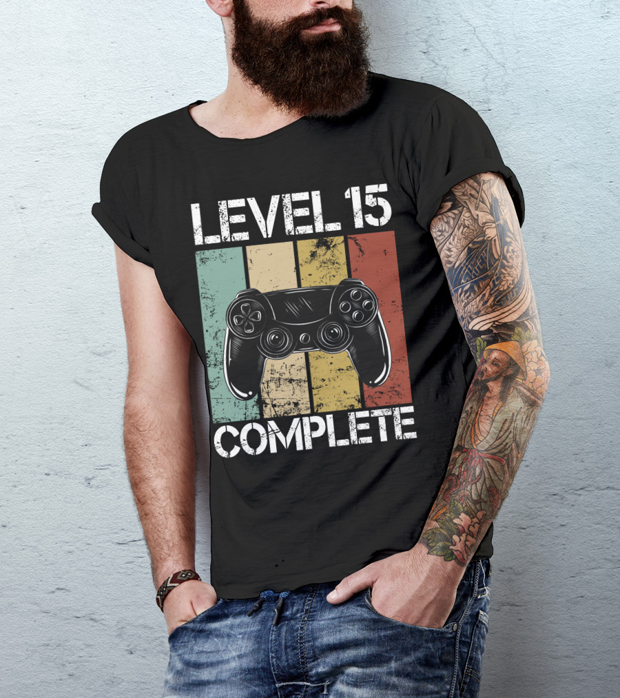 Level 15 Complete Video Game Controller Retro Stripes T-Shirt