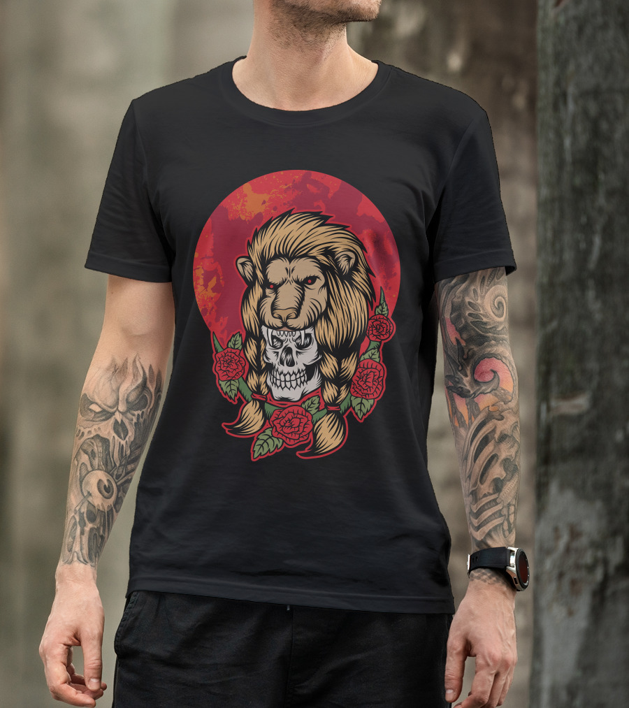 Lion Skull Red Sun Roses T-Shirt