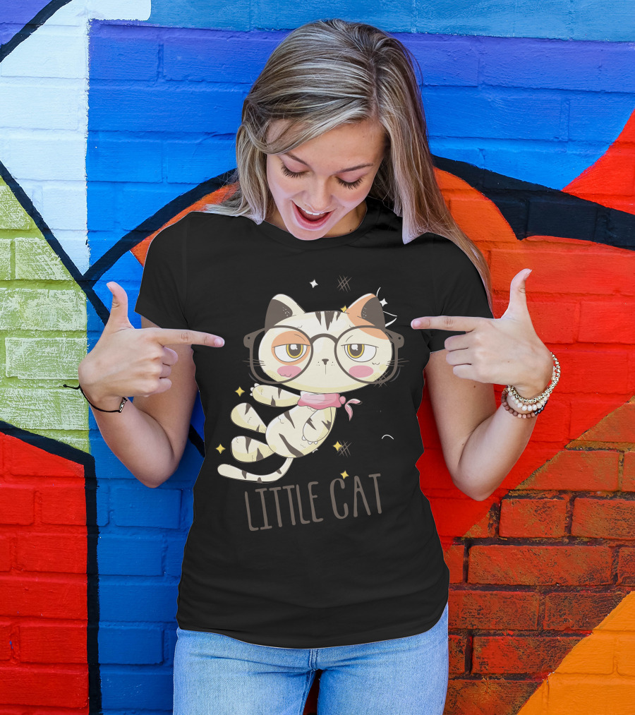 Little Cat Glasses Cartoon Calico Drawing T-Shirt
