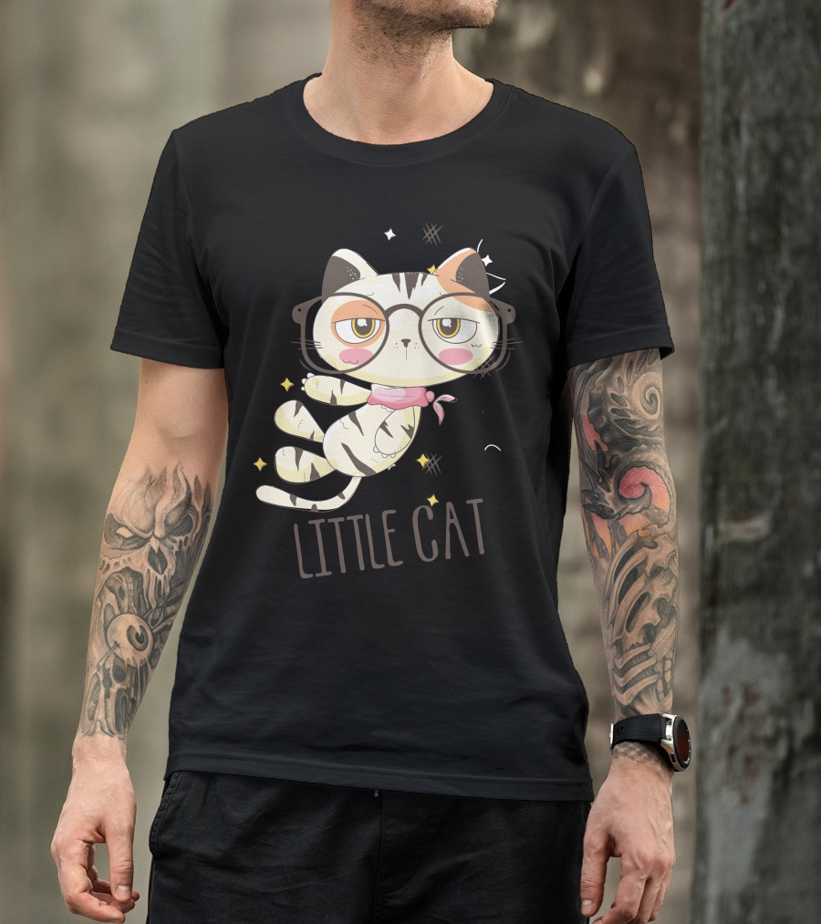 Little Cat Glasses Cartoon Calico Drawing T-Shirt