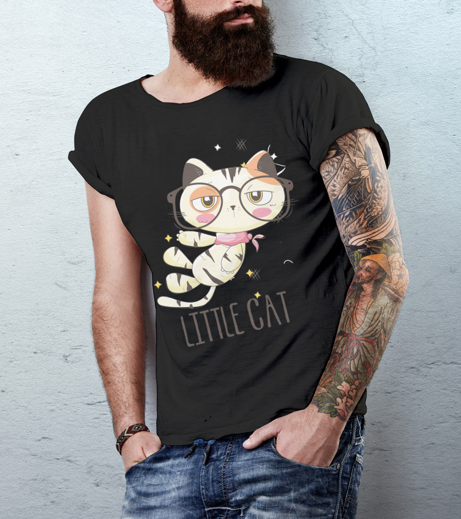 Little Cat Glasses Cartoon Calico Drawing T-Shirt