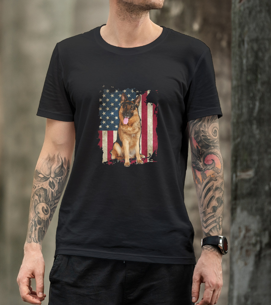 Patriotic German Shepherd With American Flag For 4th Of July Celebrations T-Shirt
