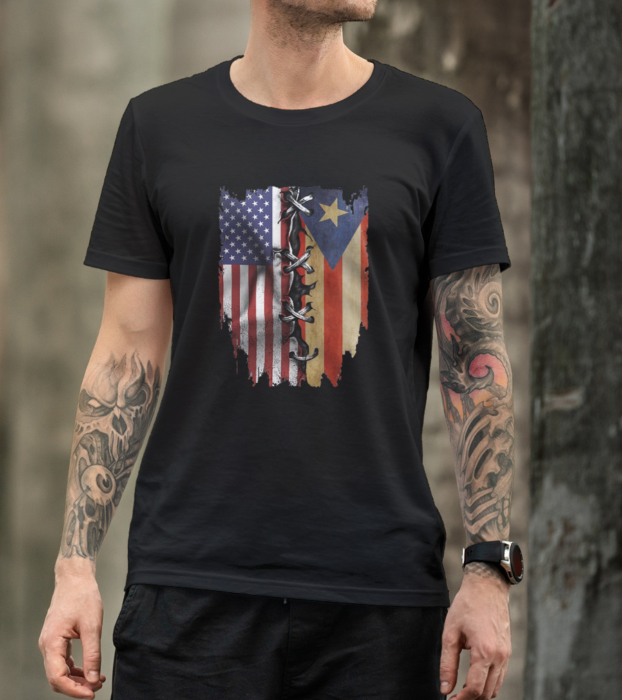 Puerto Rican And American Flag Torn Lace T-Shirt