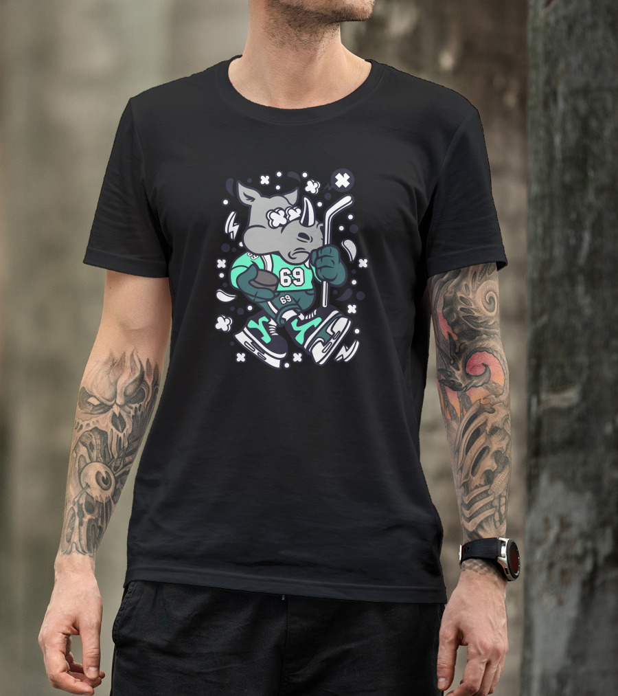 Rhino Ice Hockey Player With Jersey Number 69 And Hockey Stick In Action T-Shirt