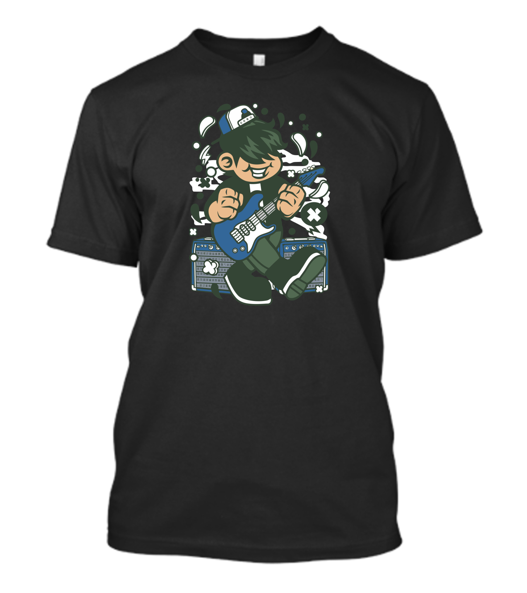 Rock Guitarist Cartoon With Blue Electric Guitar And White Cap T-Shirt