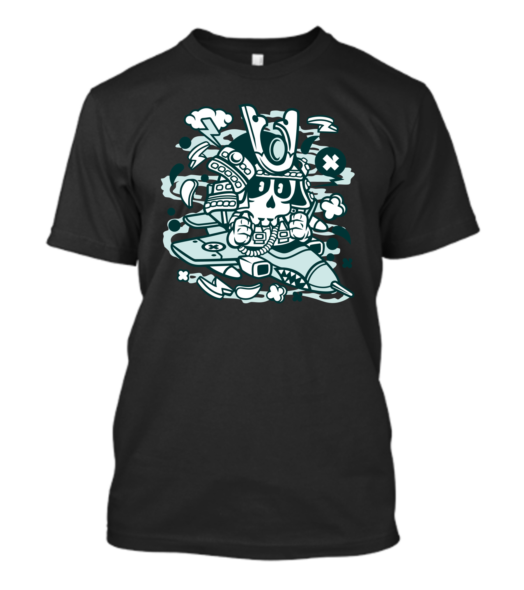 Samurai Pilot Skull Cartoon In Fighter Jet With Clouds And Lightning Icons T-Shirt