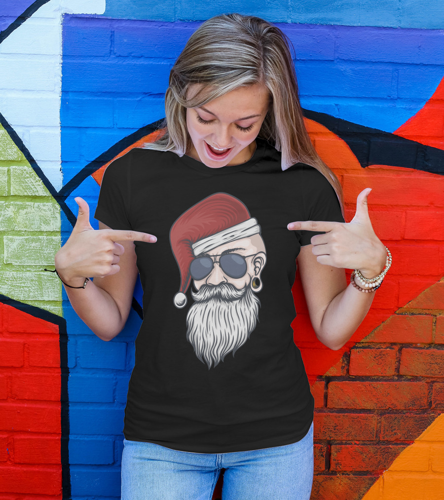 Santa Claus Hipster Sunglasses Beard Santa Hat T-Shirt