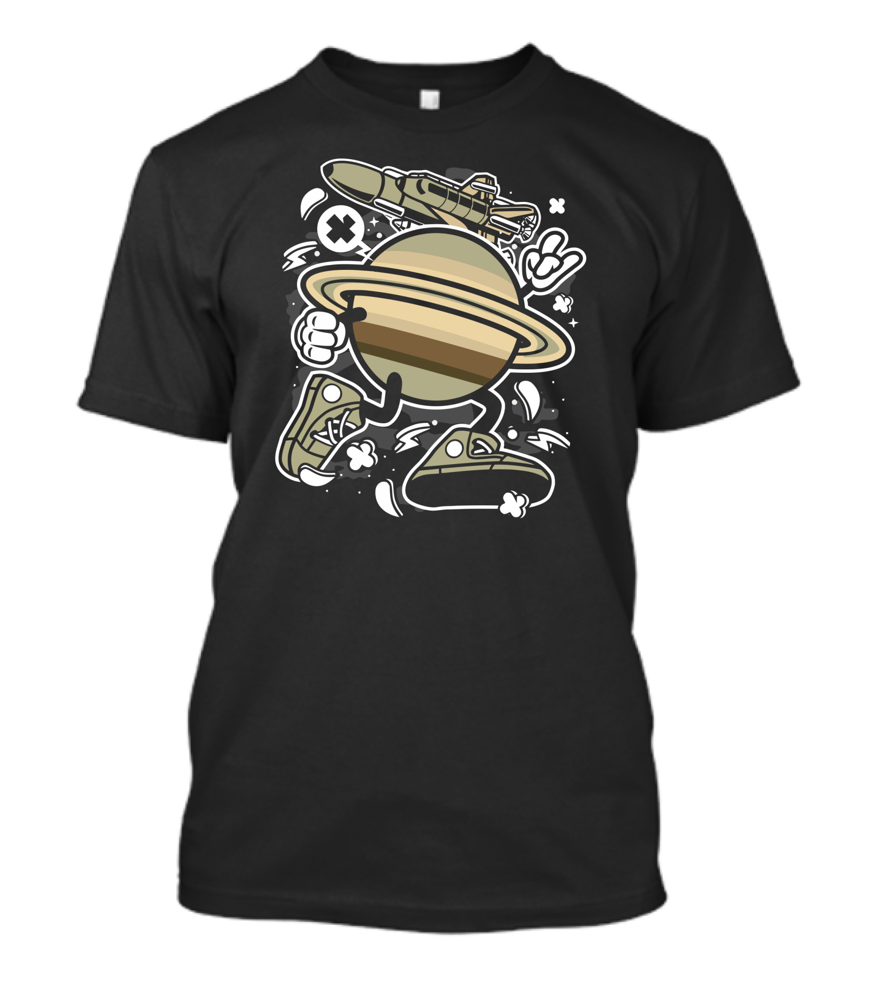 Saturn Rocket Space Adventure With Sneakers And Peace Sign T-Shirt