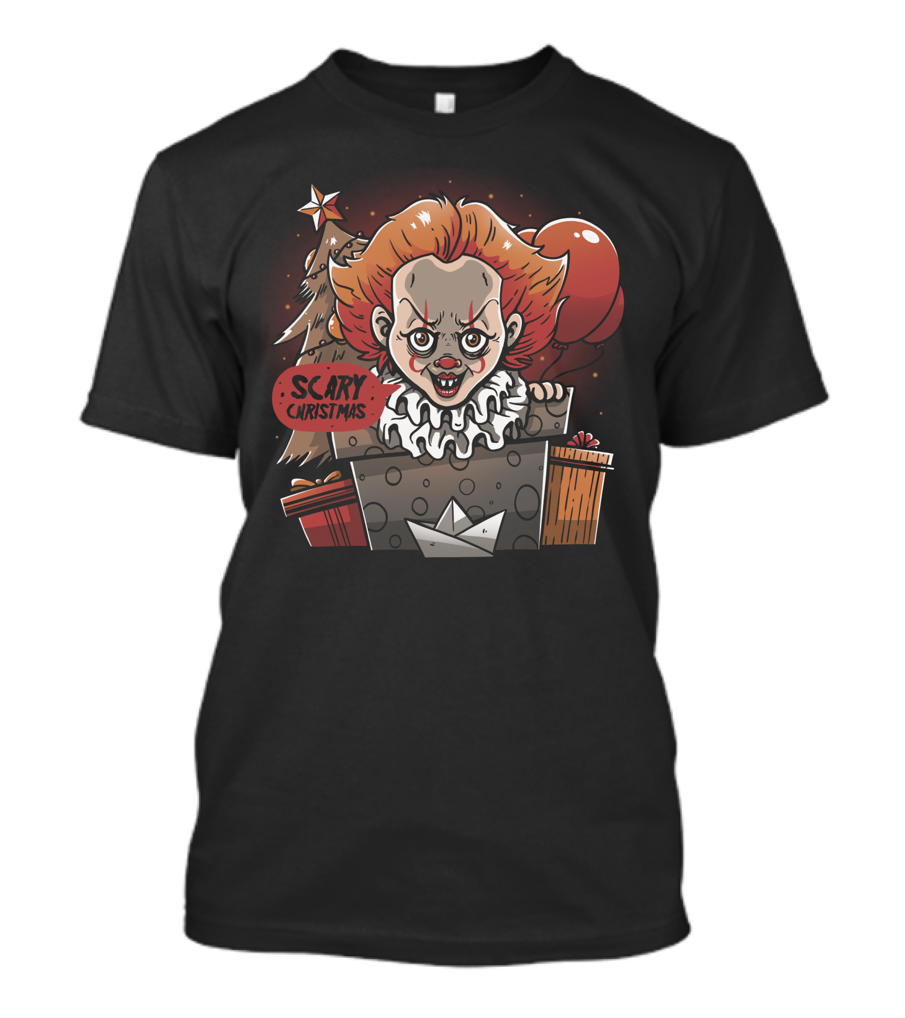 Scary Christmas Clown With Red Balloon And Gifts T-Shirt