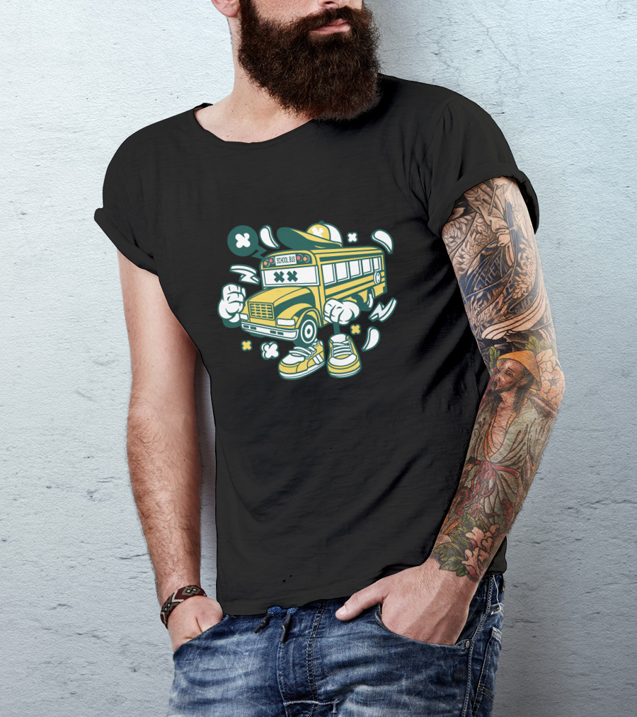 School Bus Cartoon With Sneakers And Hat T-Shirt