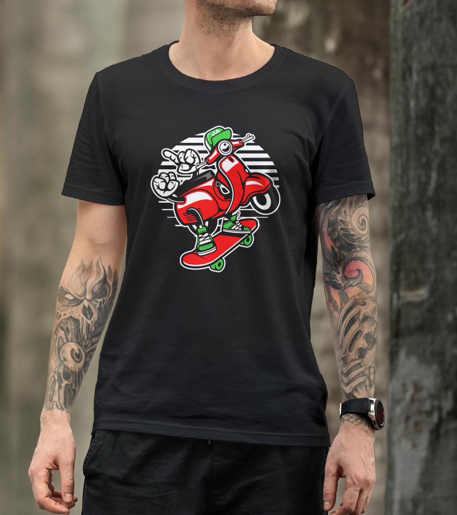 Scooter Skater Red Scooter On Skateboard T-Shirt
