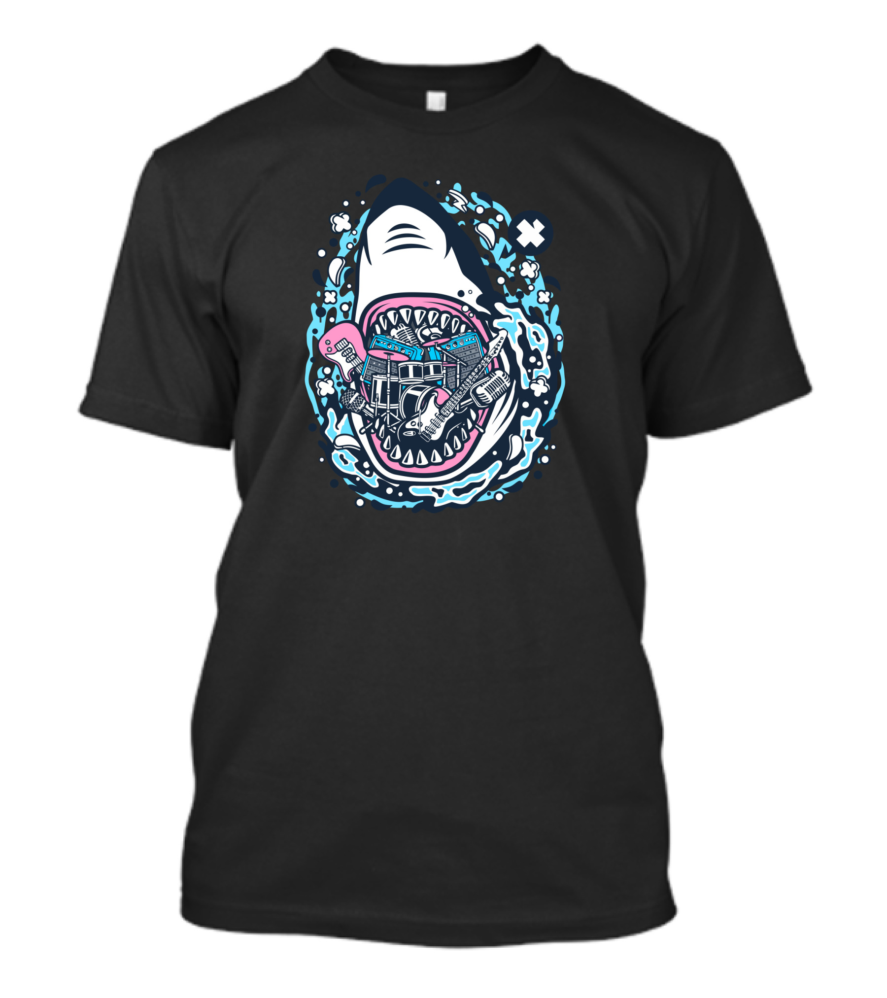 Shark Rock Electric Guitars And Drum Set Ocean Wave Fusion T-Shirt