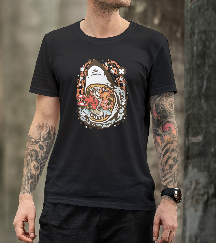 Shark Seafood Feast Lobster Shrimp Waves T-Shirt