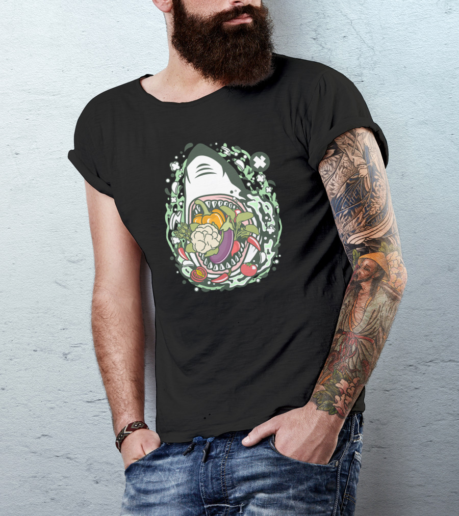 Shark Vegetable Bite With Mixed Produce And Water Splash T-Shirt