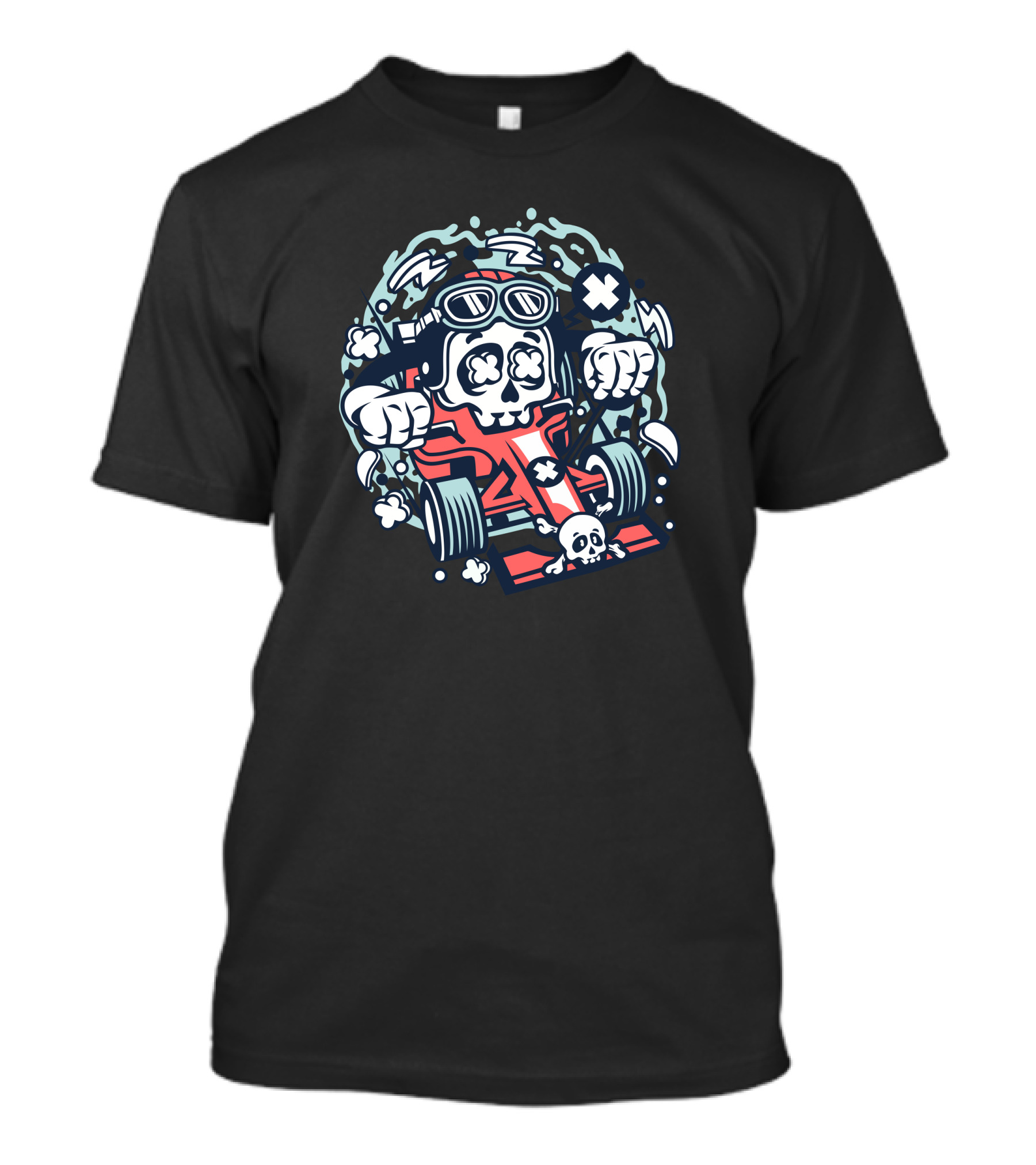 Skull Racer In Crossbones Formula Car With Speed Elements T-Shirt