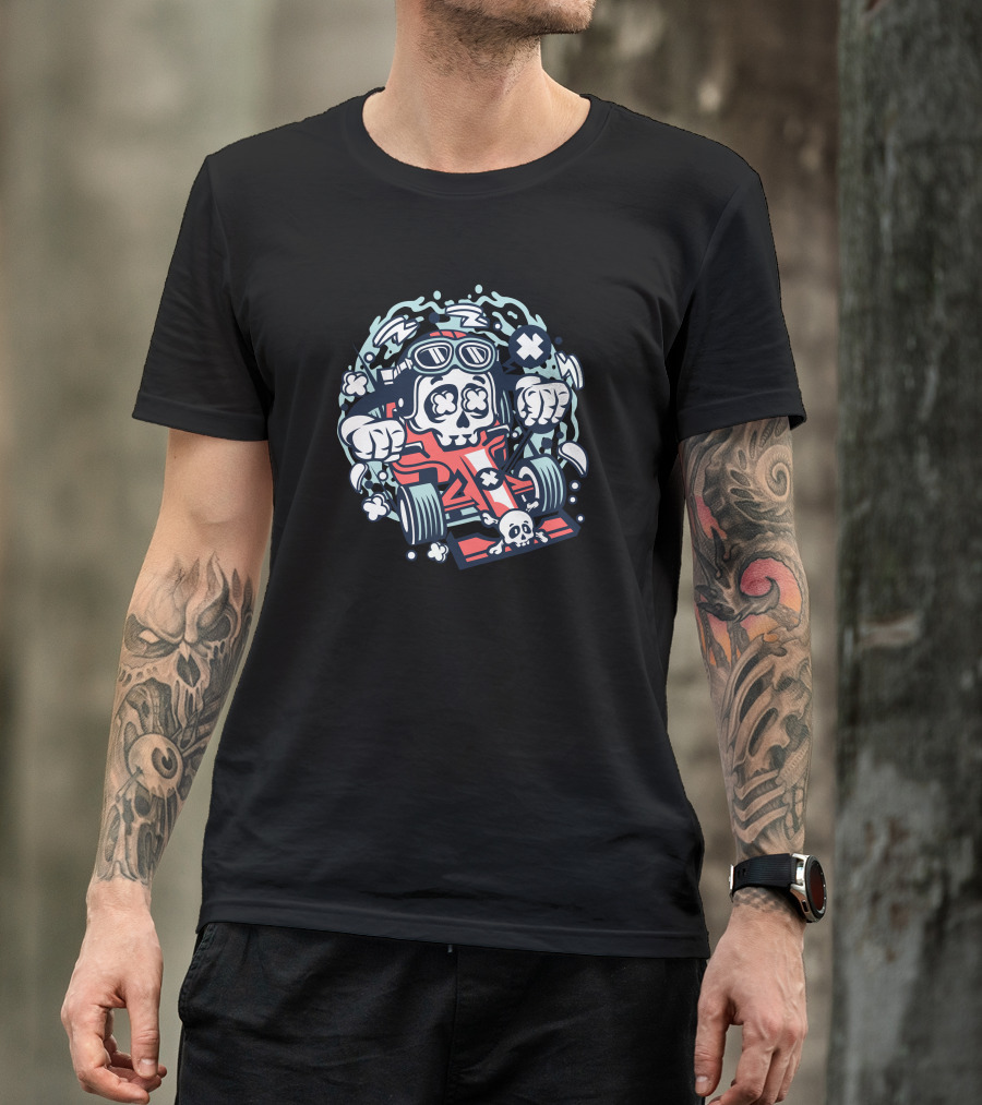 Skull Racer In Crossbones Formula Car With Speed Elements T-Shirt