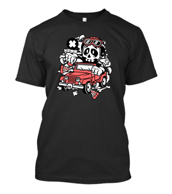 Skull Pizza Adventure With Red Jeep And Bones T-Shirt